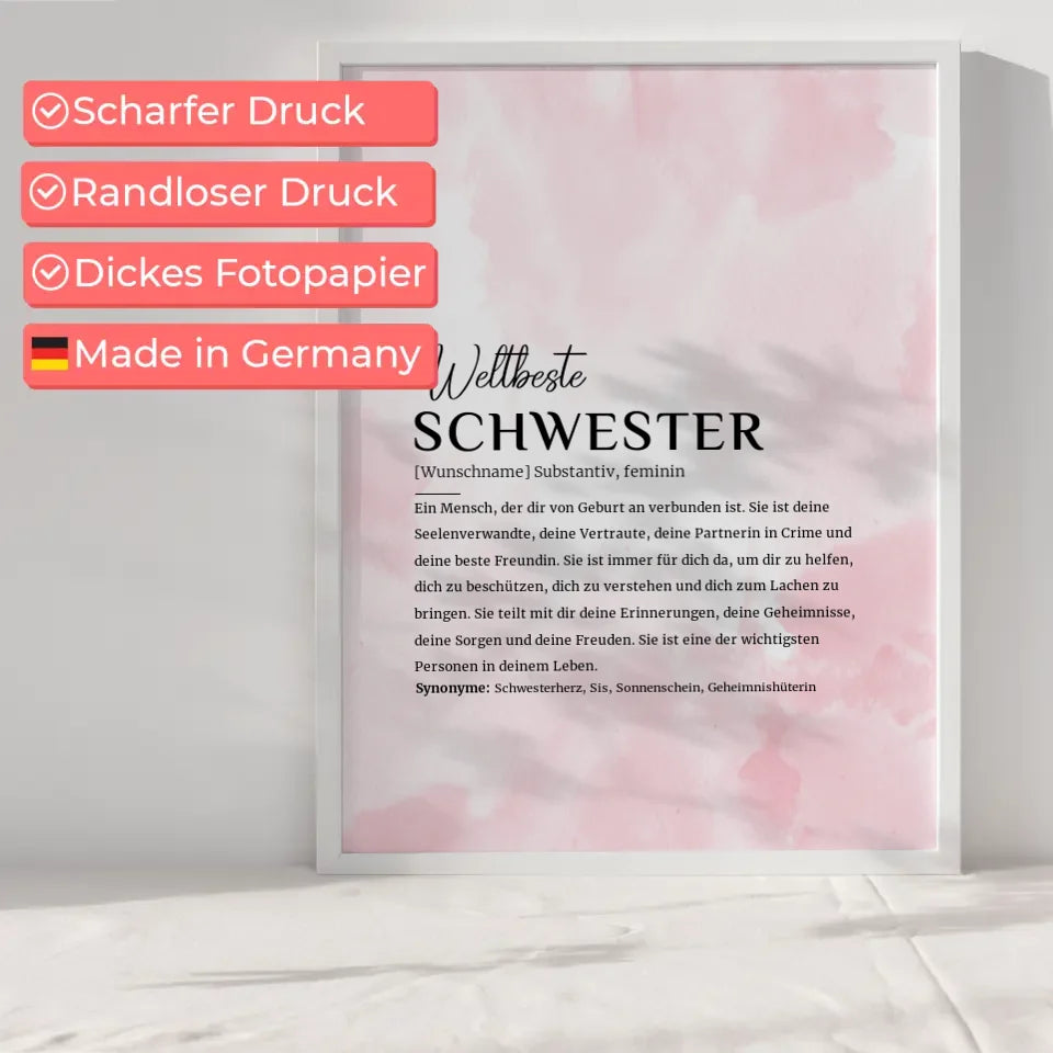 Personalisiertes Poster Definition Schwester Rosa Aquarell mit Name