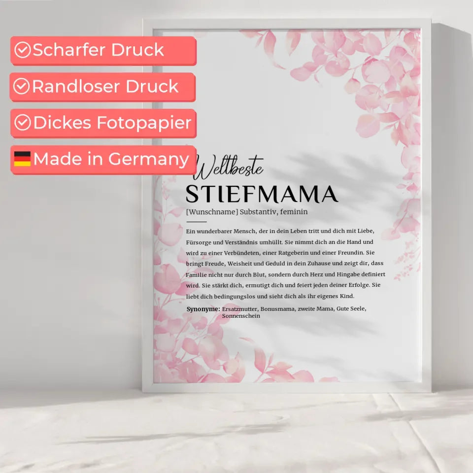 Personalisiertes Poster Definition Stiefmama Rosa Floral mit Name