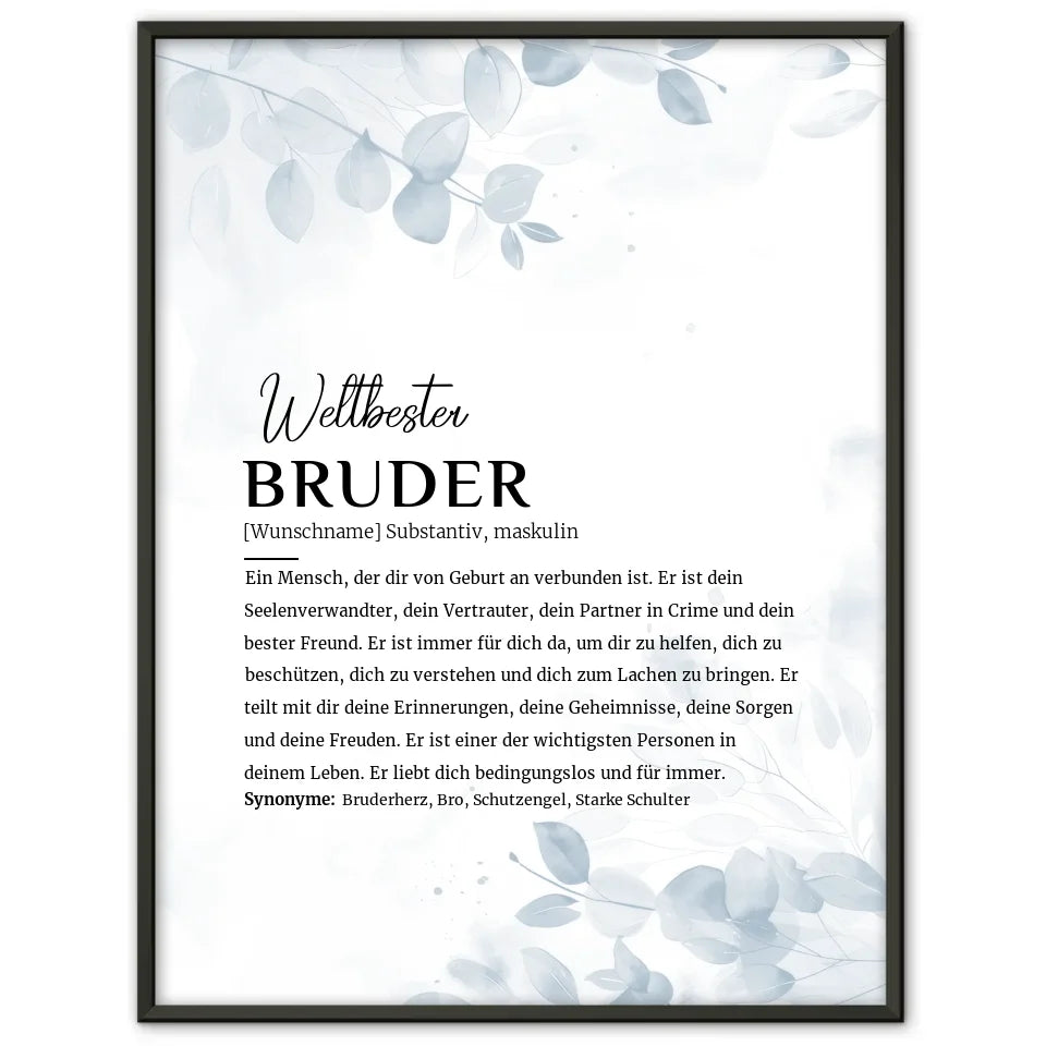 Personalisiertes Poster Definition Bruder Holzstil Weiß mit Name Floral Blau