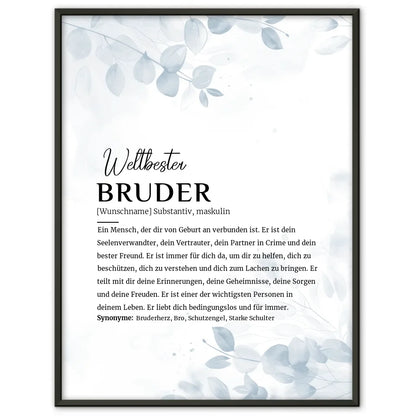 Personalisiertes Poster Definition Bruder Holzstil Weiß mit Name Floral Blau
