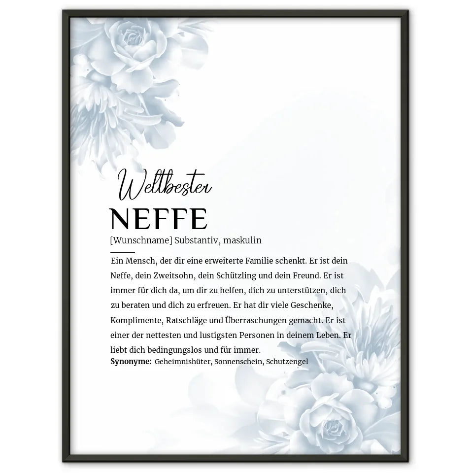 Personalisiertes Poster Definition Neffe im Eukalyptus Stil mit Name Blüten Blau