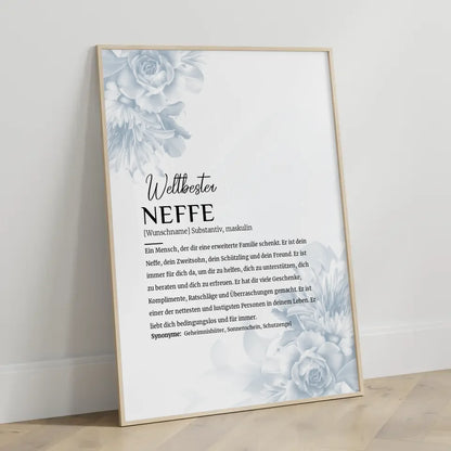 Personalisiertes Poster Definition Neffe im Eukalyptus Stil mit Name Blüten Blau