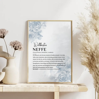 Personalisiertes Poster Definition Neffe im Eukalyptus Stil mit Name Blüten Blau