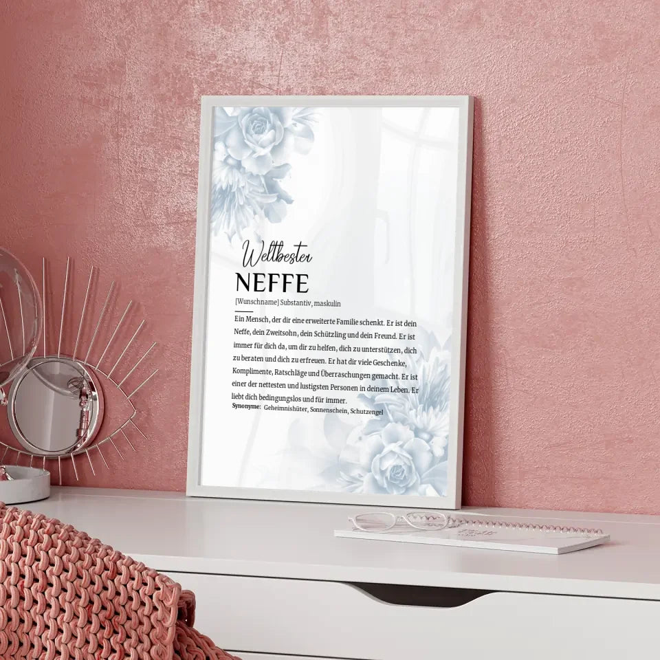 Personalisiertes Poster Definition Neffe im Eukalyptus Stil mit Name Blüten Blau