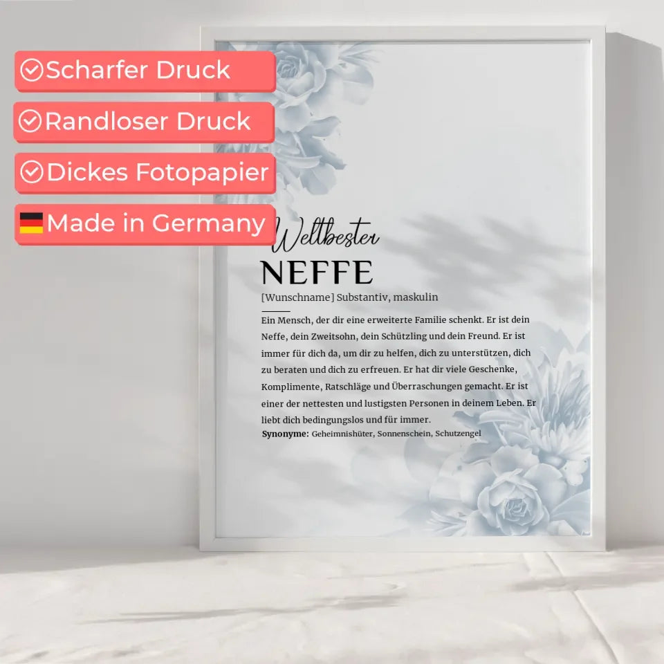 Personalisiertes Poster Definition Neffe im Eukalyptus Stil mit Name Blüten Blau