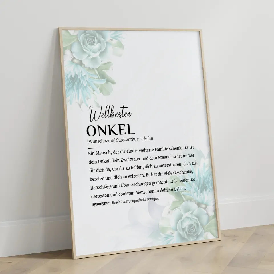 Personalisiertes Poster Definition Onkel Floral Blau mit Name 3