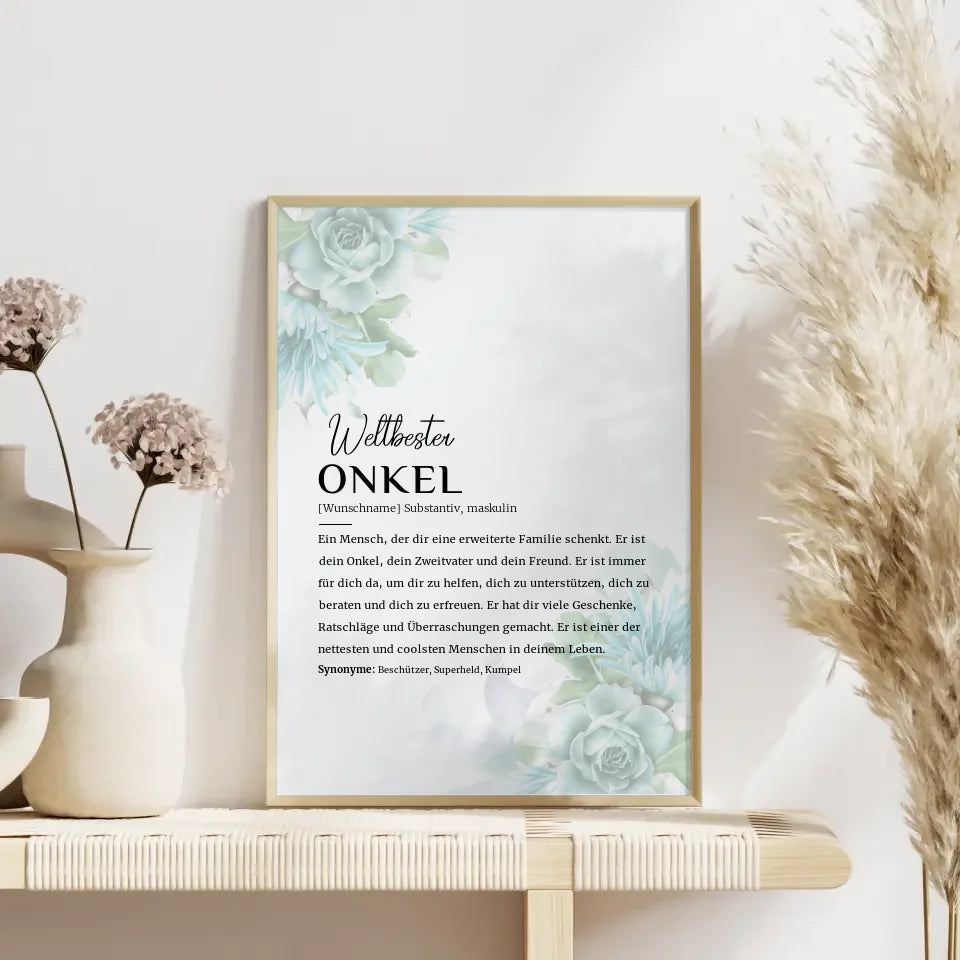 Personalisiertes Poster Definition Onkel Floral Blau mit Name 4