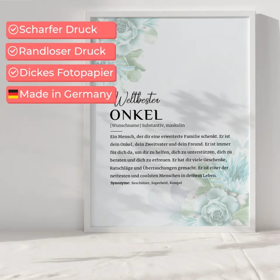 Personalisiertes Poster Definition Onkel Floral Blau mit Name 6