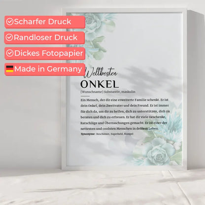 Personalisiertes Poster Definition Onkel Floral Blau mit Name 6