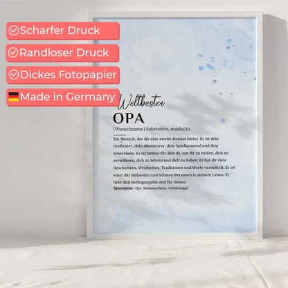 Personalisiertes Poster Definition Opa mit Namen Farbspritzer Blau
