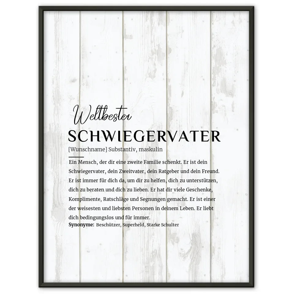 Personalisiertes Poster Definition Schwiegervater im Holzstil Weiß