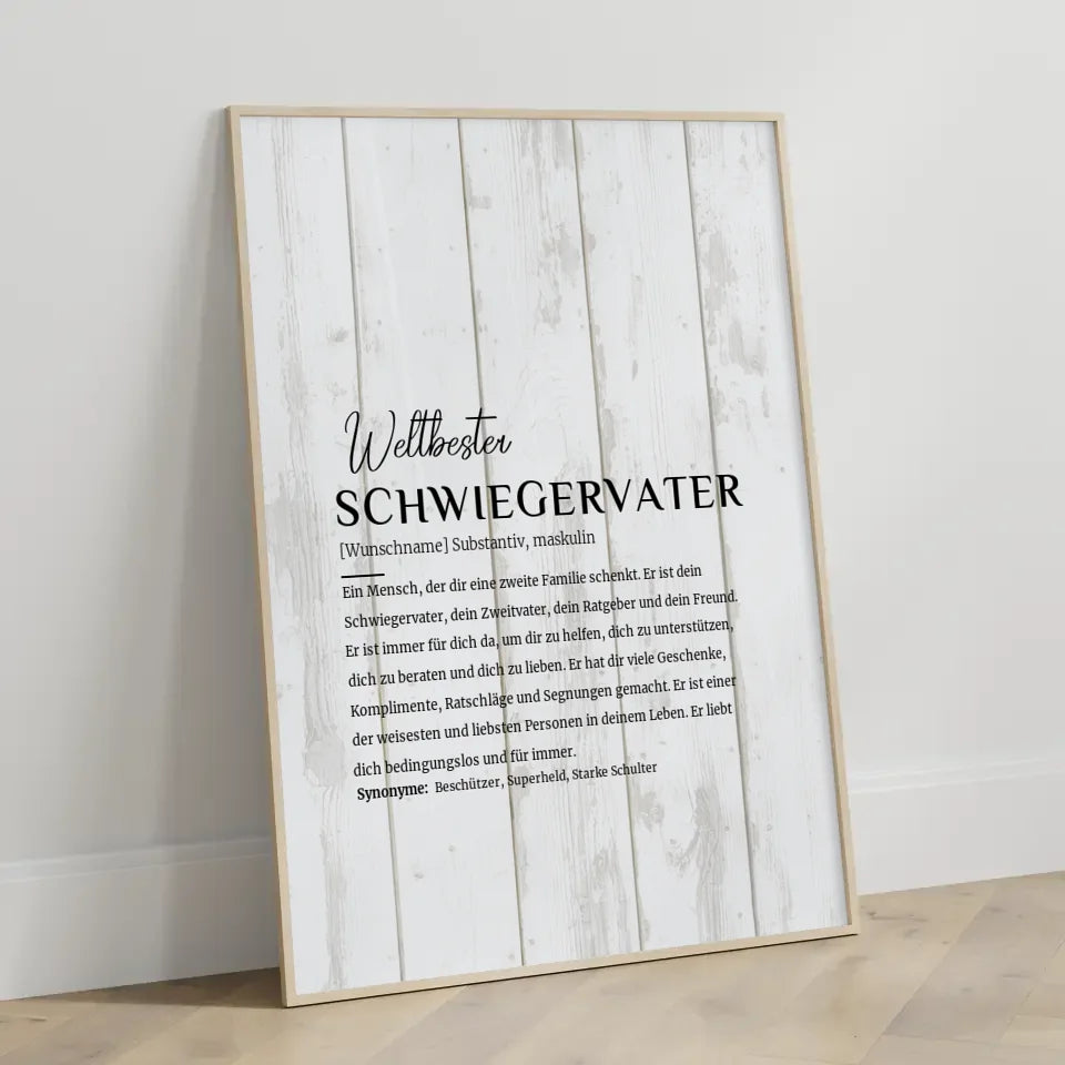 Personalisiertes Poster Definition Schwiegervater im Holzstil Weiß