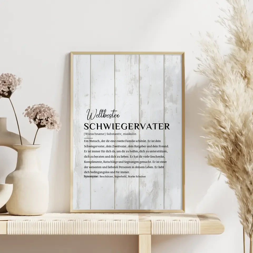 Personalisiertes Poster Definition Schwiegervater im Holzstil Weiß