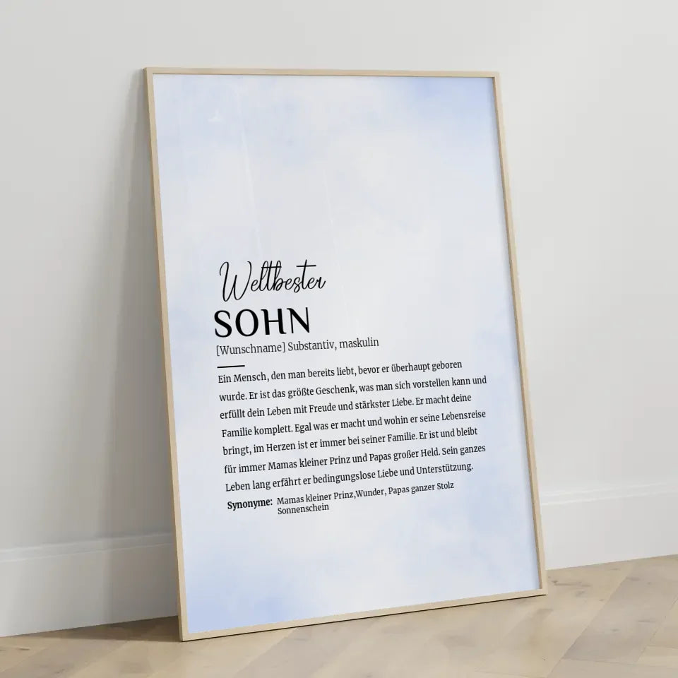 Personalisiertes Poster Sohn Wasserfarben Stil Hellblau mit Name