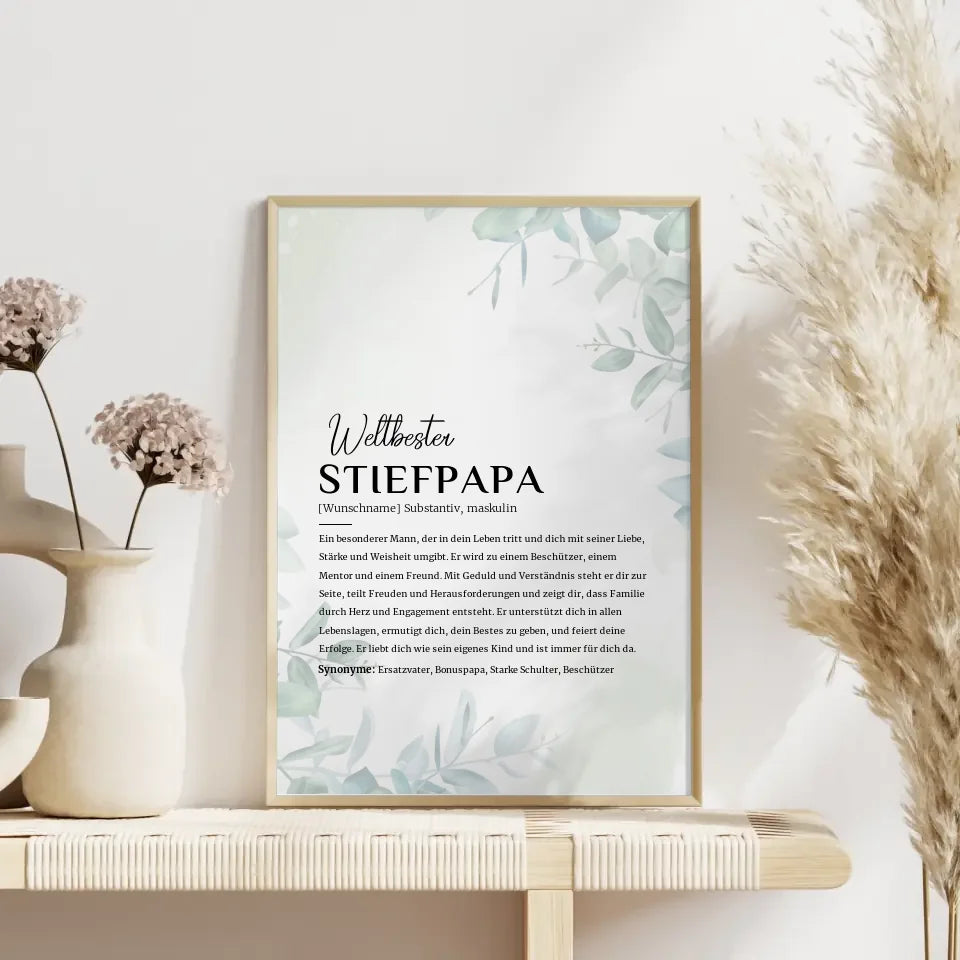 Personalisiertes Poster Definition Stiefpapa im Eukalyptus Stil mit Name