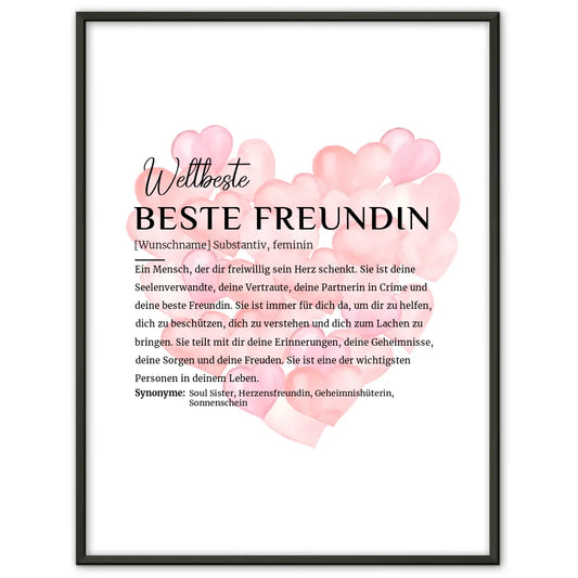 Personalisiertes Poster Definition Beste Freundin mit Name Ballonherzen