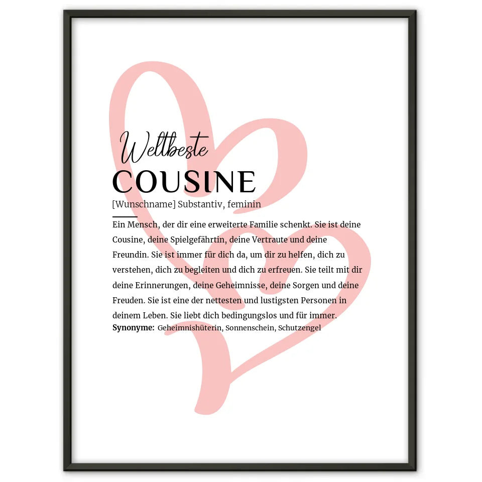 Personalisiertes Poster Definition Cousine mit Name Zwei Herzen Geschenk