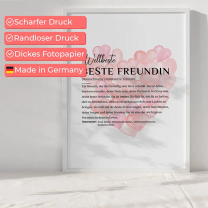 Personalisiertes Poster Definition Beste Freundin mit Name Ballonherzen