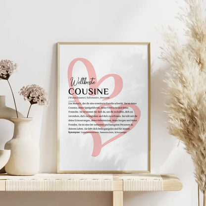 Personalisiertes Poster Definition Cousine mit Name Zwei Herzen Geschenk