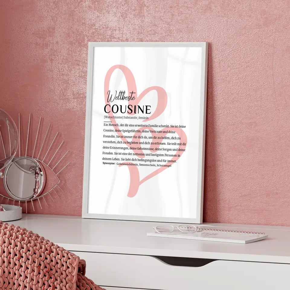 Personalisiertes Poster Definition Cousine mit Name Zwei Herzen Geschenk