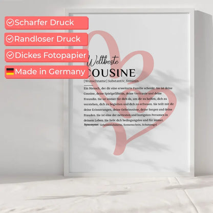 Personalisiertes Poster Definition Cousine mit Name Zwei Herzen Geschenk