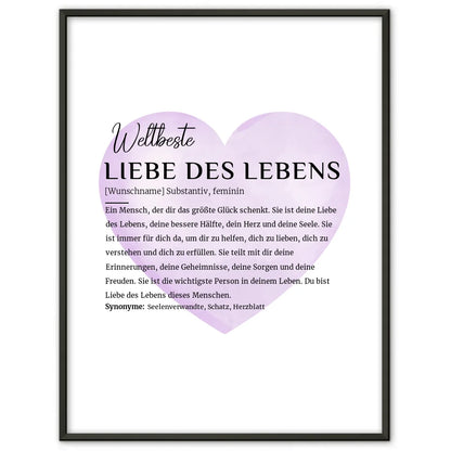 Personalisiertes Poster Definition Liebe des Lebens Wasserfarben Herz Violett