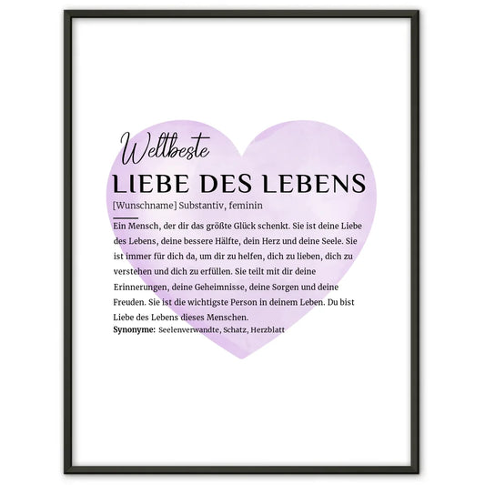 Personalisiertes Poster Definition Liebe des Lebens Wasserfarben Herz Violett