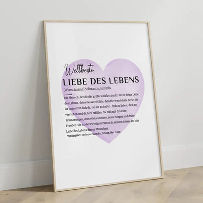 Personalisiertes Poster Definition Liebe des Lebens Wasserfarben Herz Violett