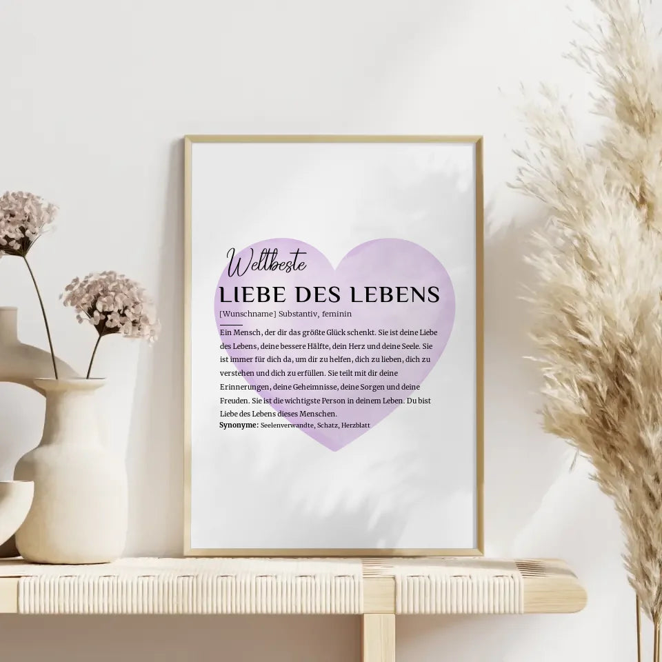 Personalisiertes Poster Definition Liebe des Lebens Wasserfarben Herz Violett