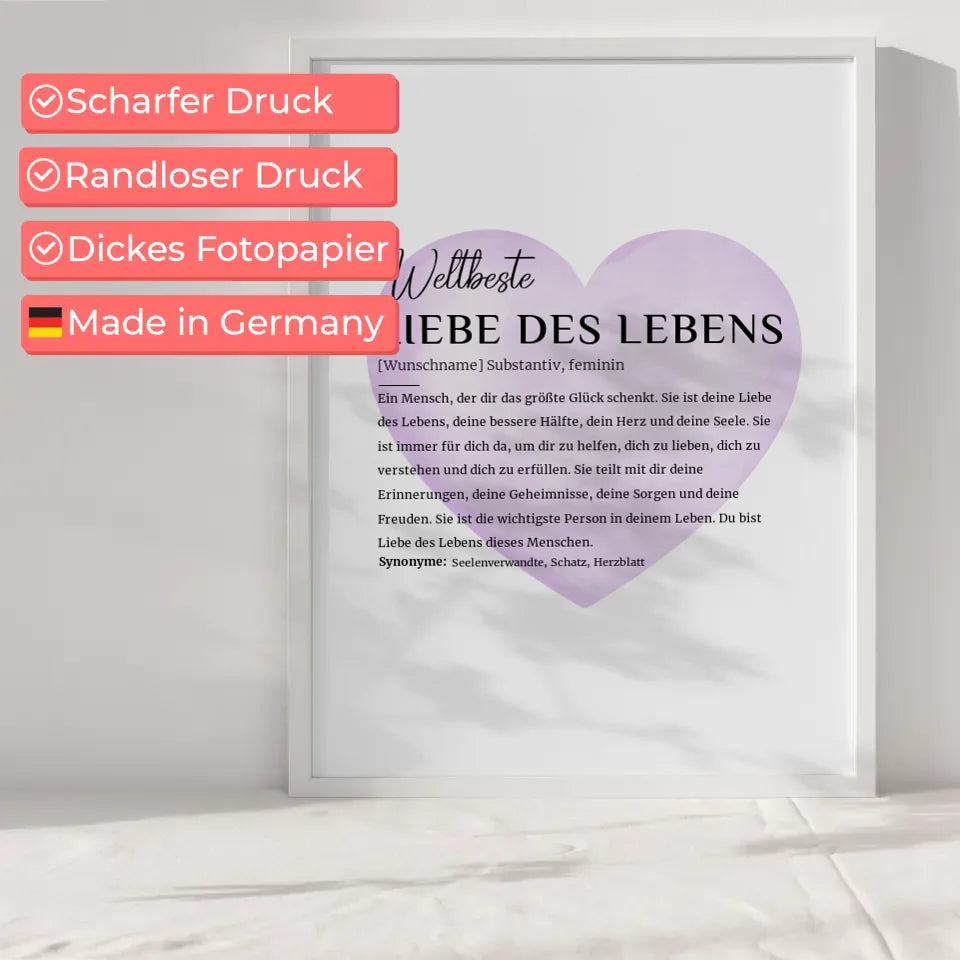 Personalisiertes Poster Definition Liebe des Lebens Wasserfarben Herz Violett