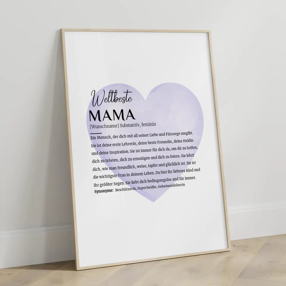 Personalisiertes Poster Definition Mama mit Name Wasserfarben Herz Lila