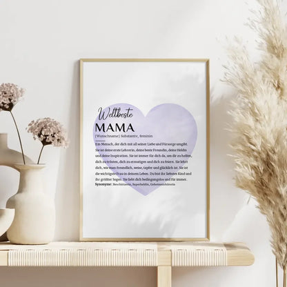 Personalisiertes Poster Definition Mama mit Name Wasserfarben Herz Lila