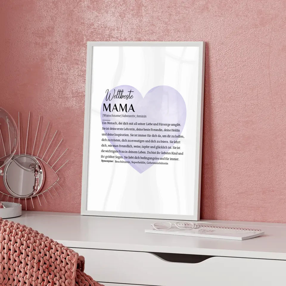 Personalisiertes Poster Definition Mama mit Name Wasserfarben Herz Lila