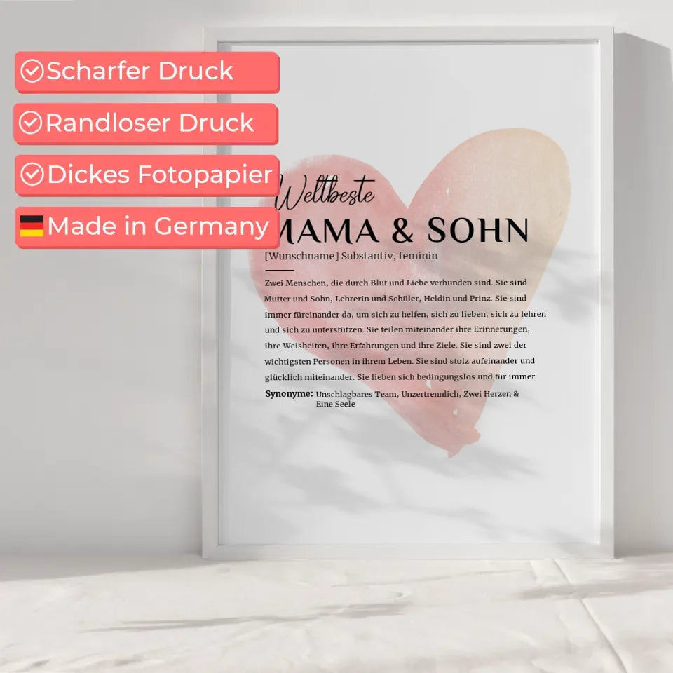 Personalisiertes Poster Definition Mama & Sohn mit Name Wasserfarben Rot