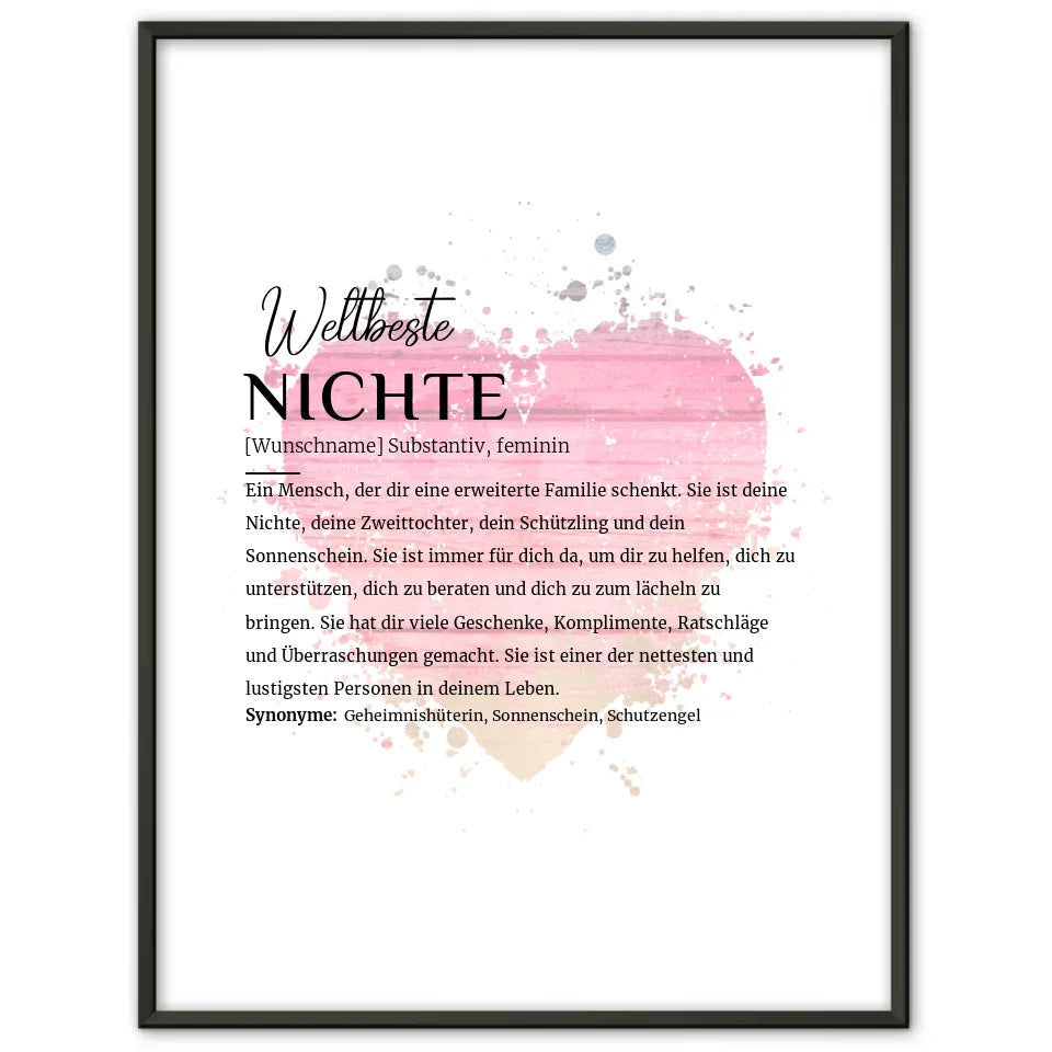 Personalisiertes Poster Definition Nichte mit Name Watercolor Herz