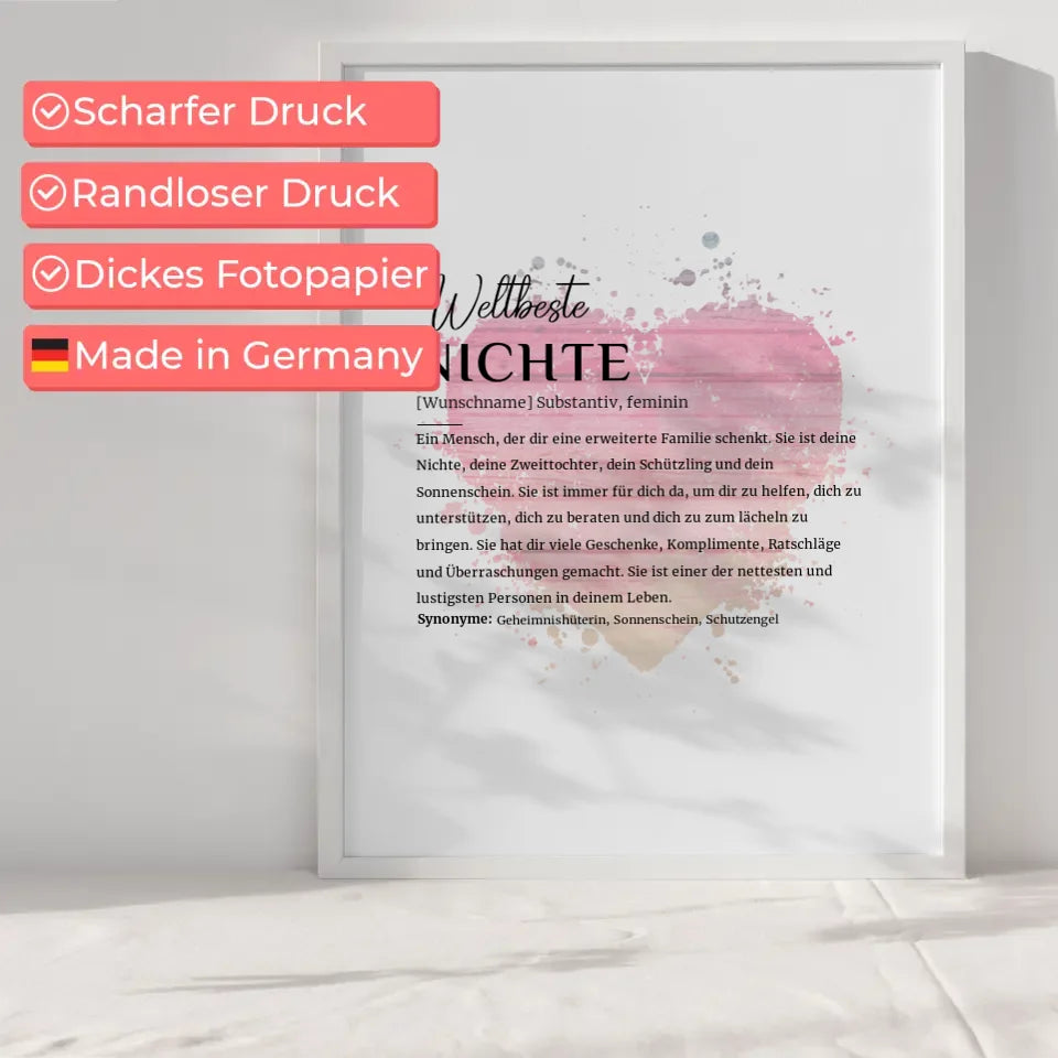 Personalisiertes Poster Definition Nichte mit Name Watercolor Herz