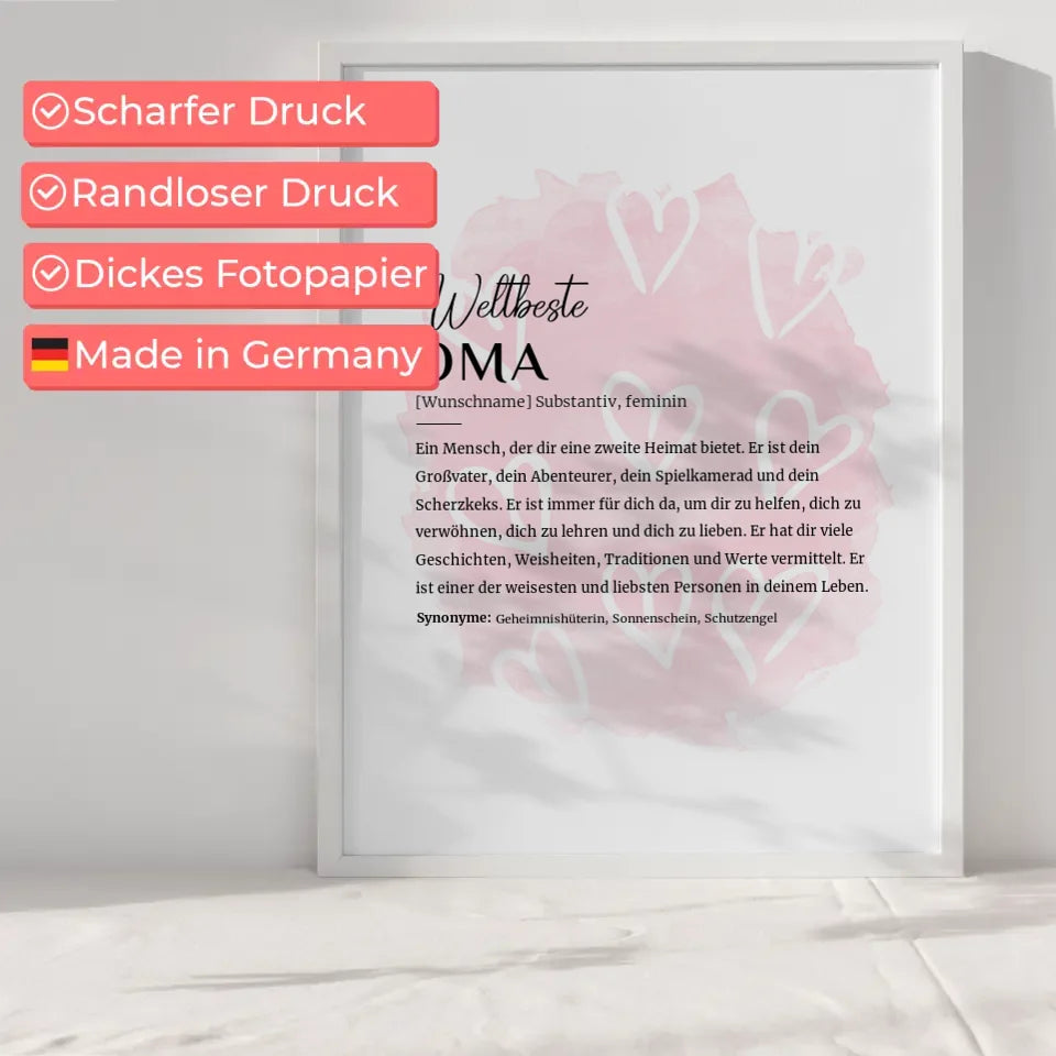 Personalisiertes Poster Definition Oma mit Name Herzchen Rosa Geschenkidee