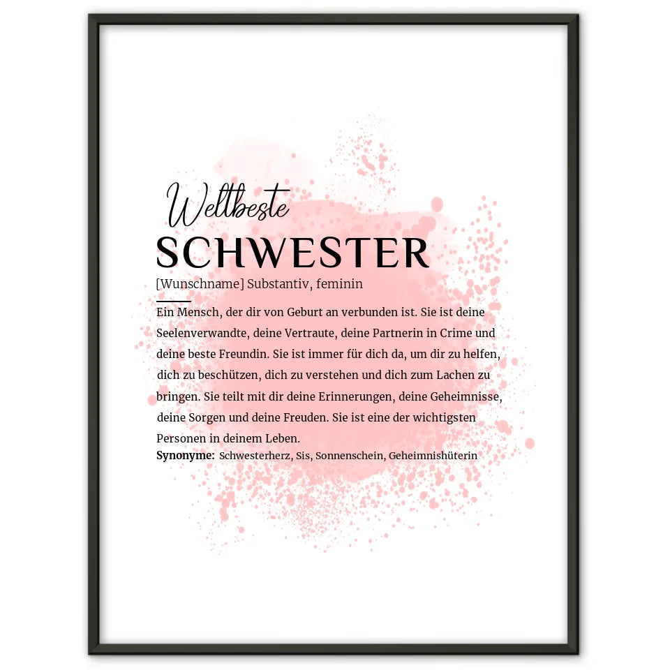 Personalisiertes Poster Definition Schwester mit Name Farbspitzer Rosa