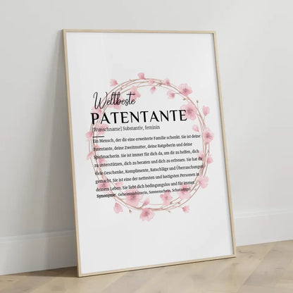 Personalisiertes Poster Definition Patentante mit Name im Blütenkranz