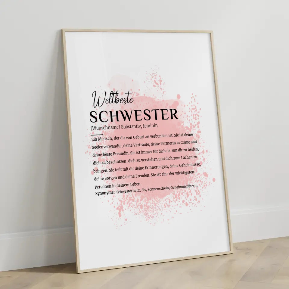 Personalisiertes Poster Definition Schwester mit Name Farbspitzer Rosa