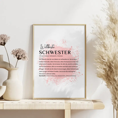 Personalisiertes Poster Definition Schwester mit Name Farbspitzer Rosa