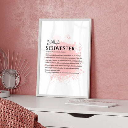 Personalisiertes Poster Definition Schwester mit Name Farbspitzer Rosa