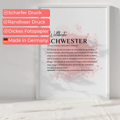 Personalisiertes Poster Definition Schwester mit Name Farbspitzer Rosa