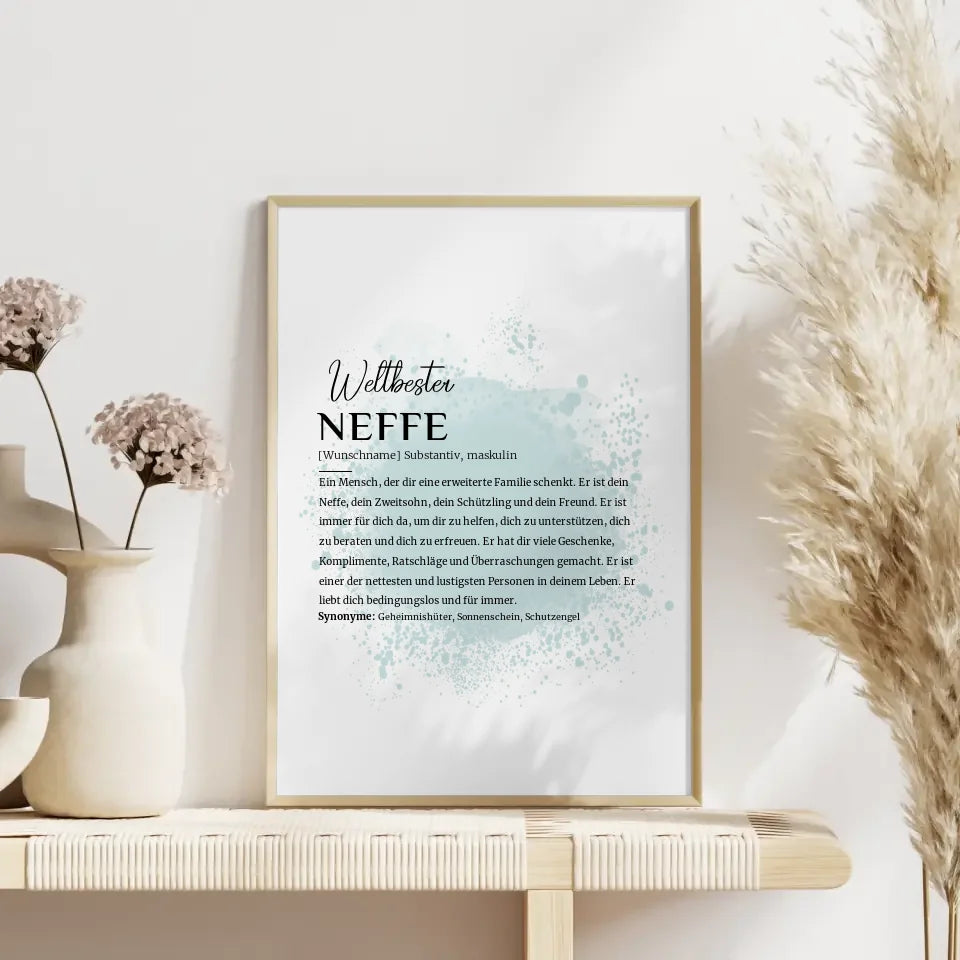 Personalisiertes Poster Definition Neffe mit Name Farbspitzer Blau