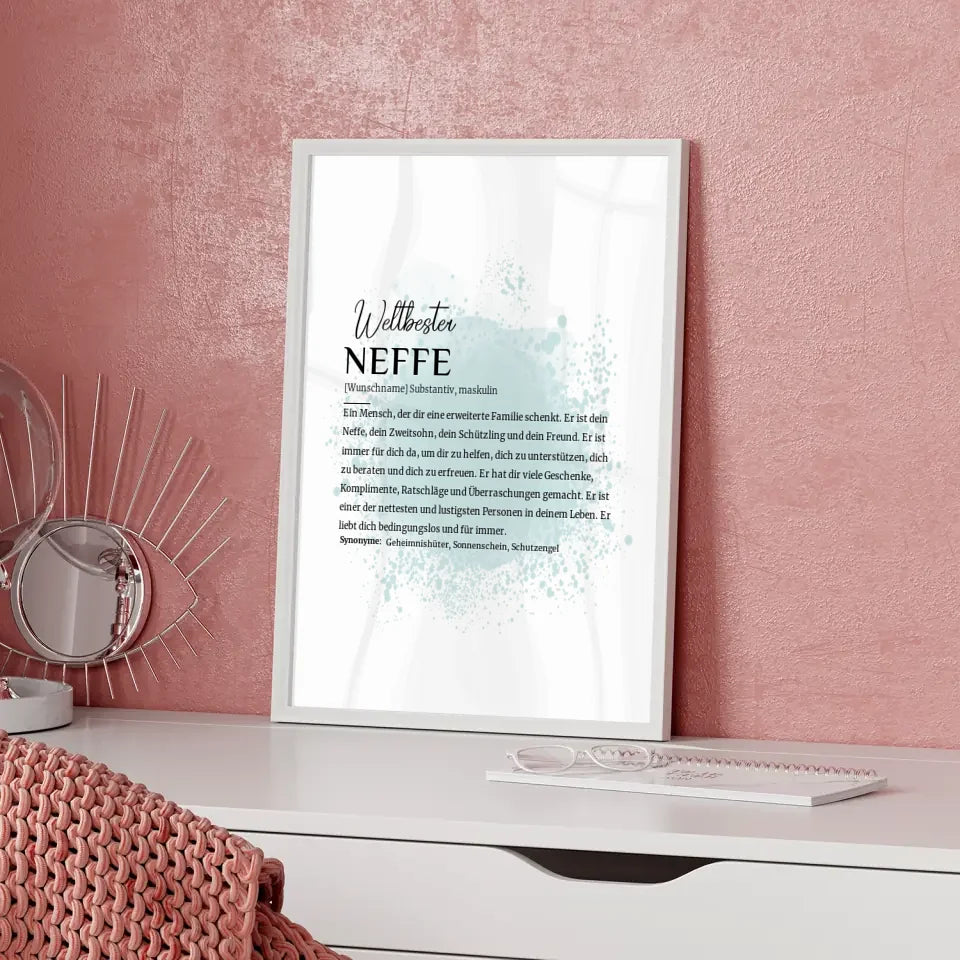 Personalisiertes Poster Definition Neffe mit Name Farbspitzer Blau