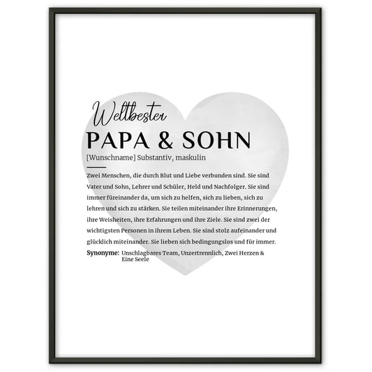 Personalisiertes Poster Definition Papa & Sohn Wasserfarben Herz Grau mit Name