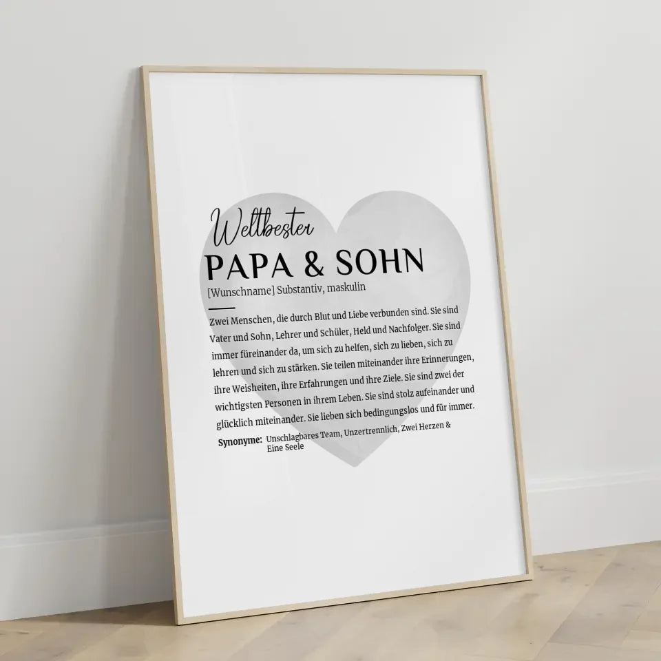 Personalisiertes Poster Definition Papa & Sohn Wasserfarben Herz Grau mit Name