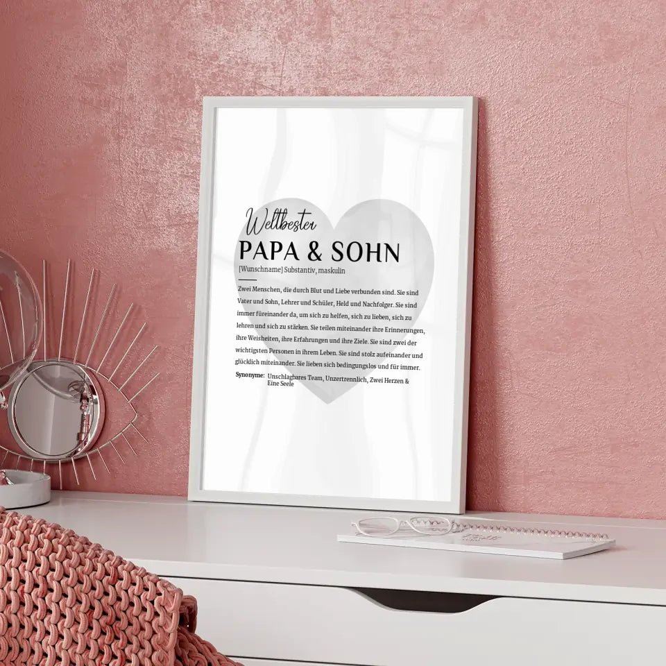 Personalisiertes Poster Definition Papa & Sohn Wasserfarben Herz Grau mit Name
