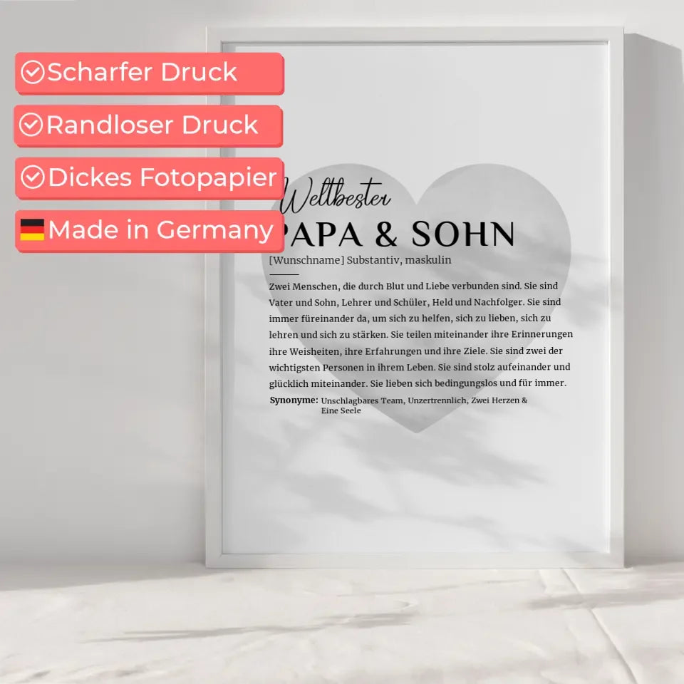 Personalisiertes Poster Definition Papa & Sohn Wasserfarben Herz Grau mit Name