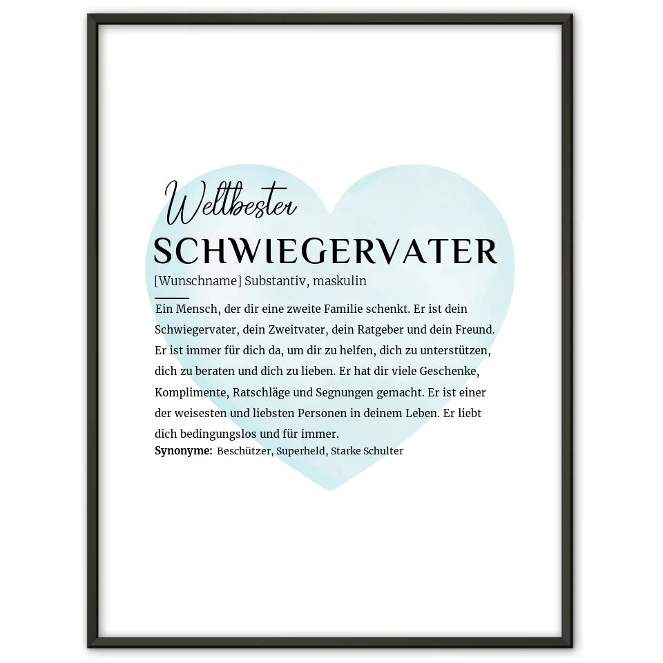 Personalisiertes Poster Definition Schwiegervater mit Name Wasserfarben Herz Hellblau